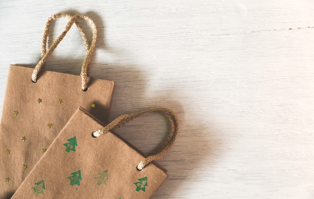 Two brown paper gift bags with holiday decorations