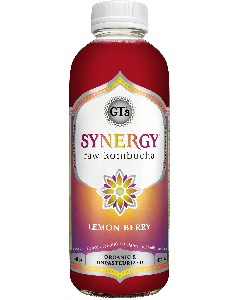 A glass bottle of berry colored kombucha, GT's Synergy Lemon Berry Organic Raw Kombucha.