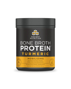Ancient Nutrition Bone Broth Turmeric Mobilizing Powder in a black and gold container.
