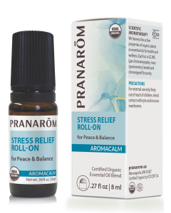 Pranarom Aromacalm Stress Relief Roll-On, 1 fl. oz. With a chic blue and white label.