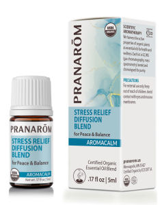 Pranarom Aromacalm Stress Relief Diffusion Blend in small amber bottle. Has chic blue and white packaging.