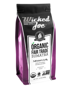 A purple and black bag of Wicked Joe Organic Fair Trade Sumatra coffee. With a craft roasted seal.