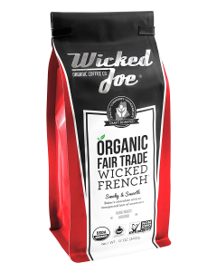 A red and black bag of Wicked Joe Organic Wicked French Ground Coffee. With a craft roasted seal.