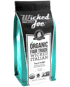 A black and teal bag of Wicked Joe Organic Fair Trade Wicked Italian ground coffee.