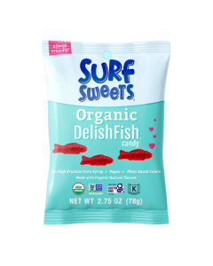 Surf Sweets Organic DelishFish candy in a light blue snack-size pouch. 