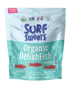 A 6 oz. bag of Surf Sweets Organic DelishFish Candy in a light blue re-sealable bag. 