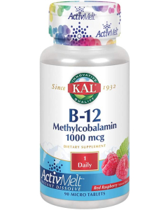 KAL B-12 Methylcobalamin 1000 mcg, 90 Raspberry ActivMelt Tablets