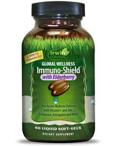 Irwin Naturals Global Wellness Immuno-Shield with Elderberry front label. Pro-active wellness defense with vitamin c, vitamin d, and zinc. Echinacea, astragulus and more.