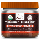 Gaia herbs turmeric supreme extra strength gummies with 60 vegan gummies. In an orange and clear jar.