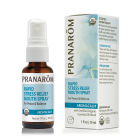 Pranarom Rapid Stress Relief Mouth Spray, 1 fl. oz. in an amber glass spray bottle. With chic blue and white packaging.
