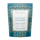 Front label of Truvani Marine Collagen supplement powder. Blue bag with decorative gold detailing.
