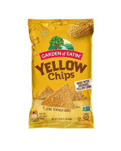 Front of chip bag. Picture of yellow corn tortilla chip. Non-GMO Project Verified Label. 