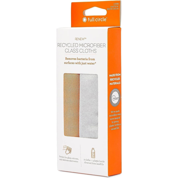 Full Circle Glass Cleaning Recycled Microfiber Cloths, Set of 2, Multicolor 