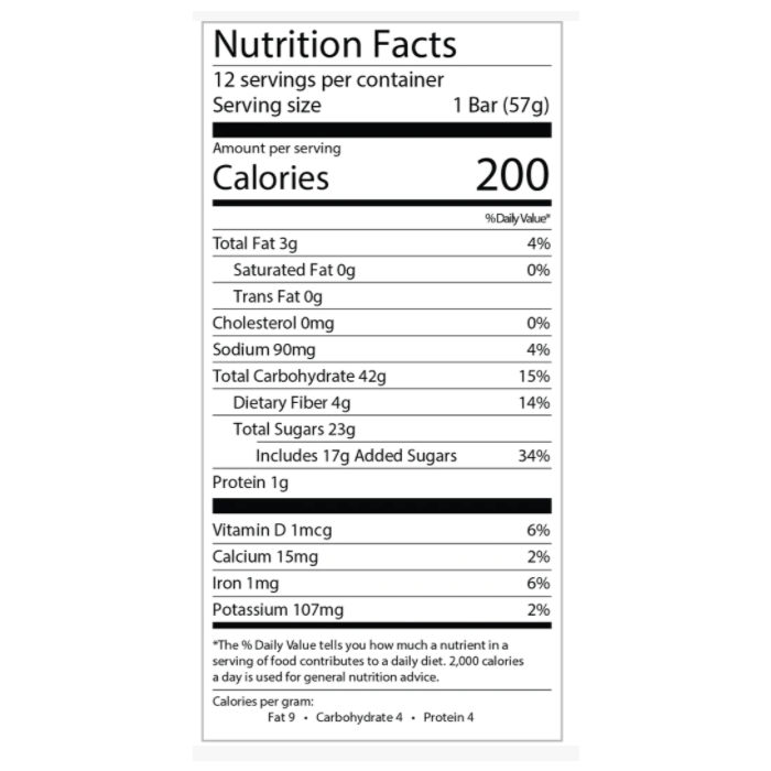 Betty Lou's Blackberry Fruit Bar - Nutrition Label