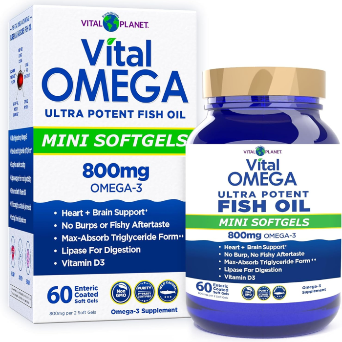 Vital Planet Omega 3 Fish Oil Mini Softgels Supplement with 800mg - Front view