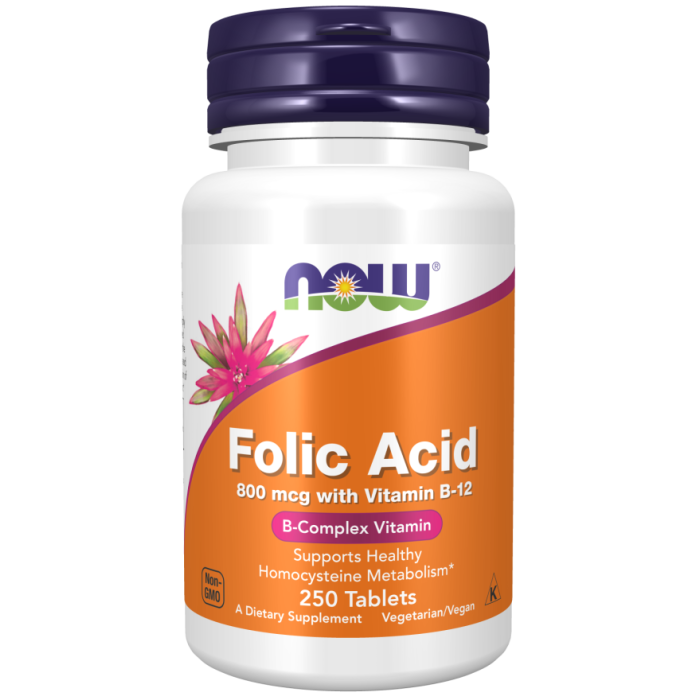 NOW Foods Folic Acid 800 mcg with Vitamin B-12 - 250 Tablets
