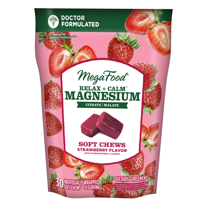 MegaFood Relax + Calm Magnesium Soft Chews Strawberry Flavor - Front view