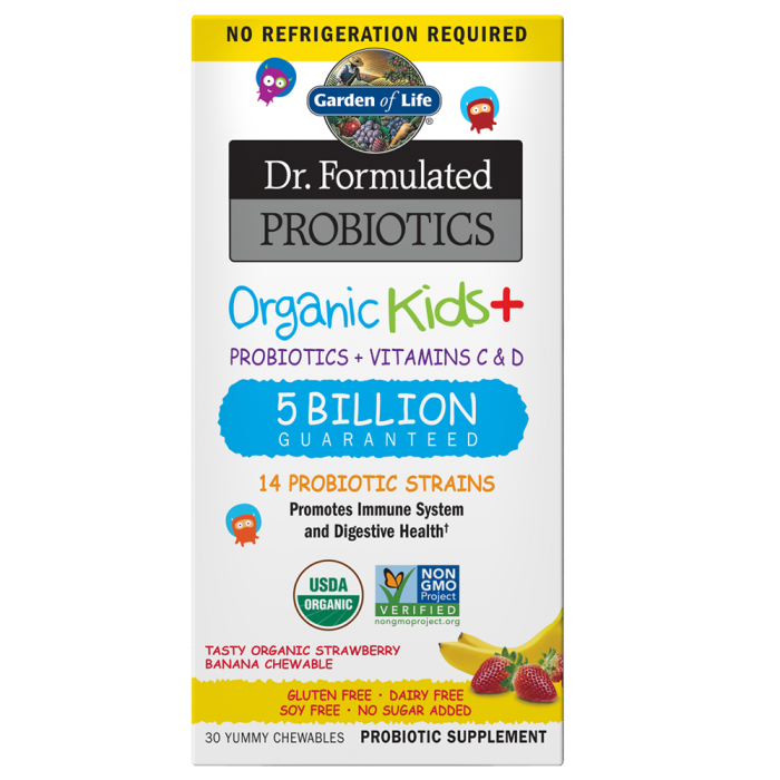 Garden of Life Dr. Formulated Probiotics Organic Kids+, Shelf Stable, Strawberry/Banana Flavor, 30 Chewables
