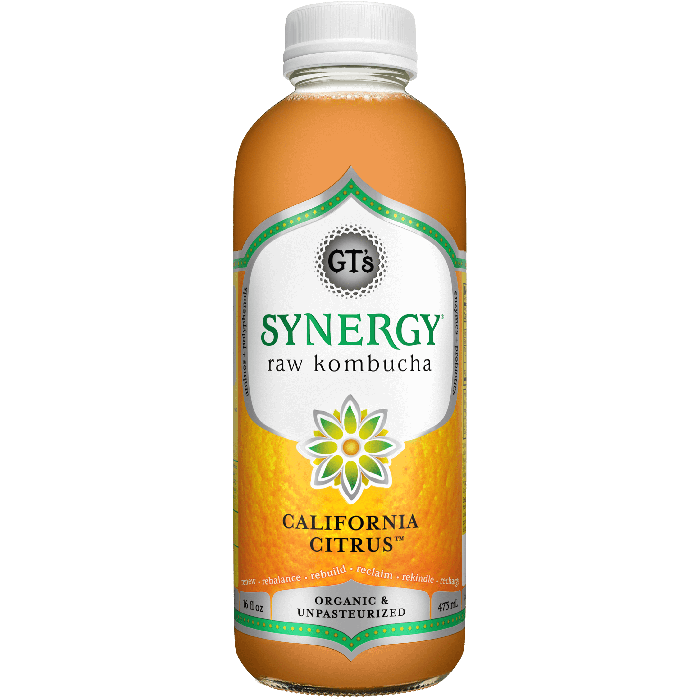 GT's Synergy Raw Kombucha in the California citrus flavor. In an orange-labeled, glass bottle.
