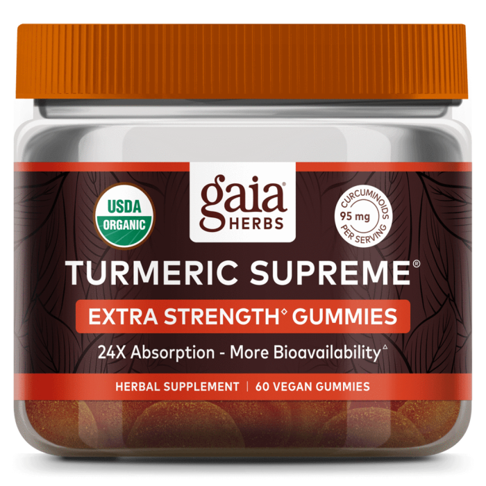 Gaia herbs turmeric supreme extra strength gummies with 60 vegan gummies. In an orange and clear jar.