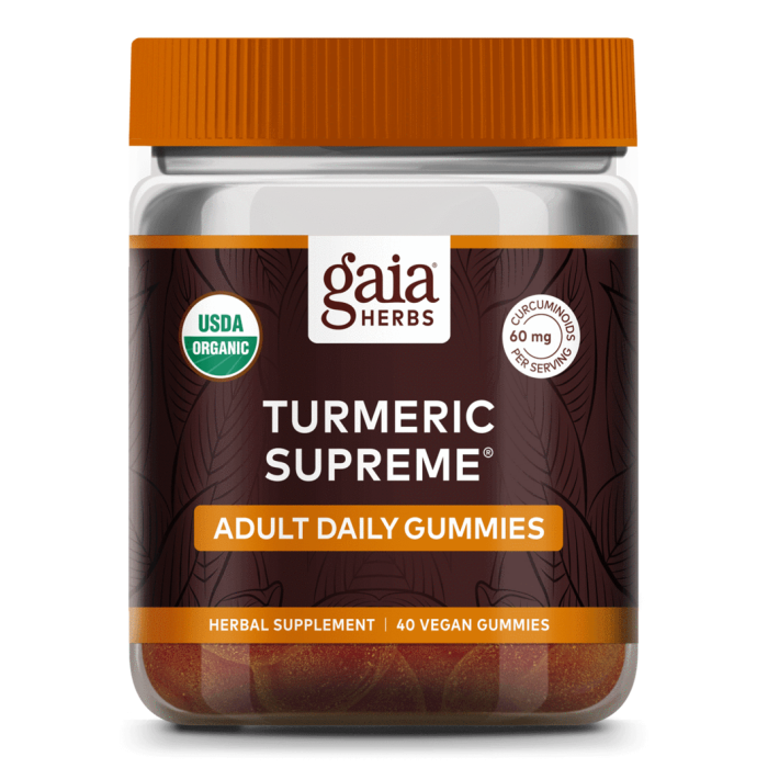 Gaia herbs organic vegan turmeric supreme adult daily gummies. 40 count.