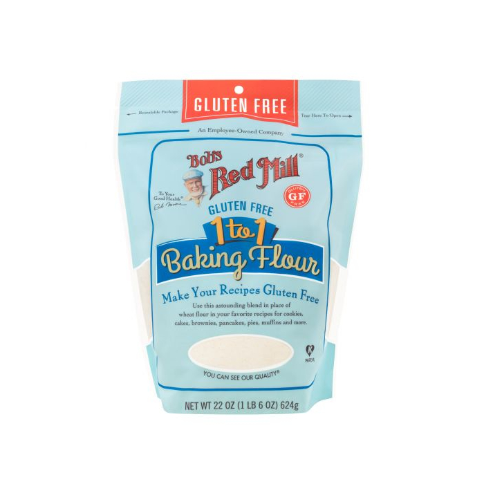 Bob's Red Mill Gluten-Free 1 to 1 Baking Flour in a blue pouch.