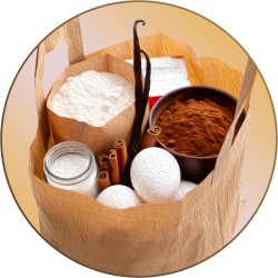 Variety of baking ingredients including flours and baking supplies