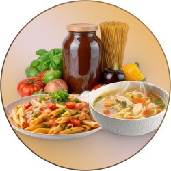 Bowl of soup and various pasta products