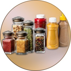 Assortment of spices, seasonings, and condiments