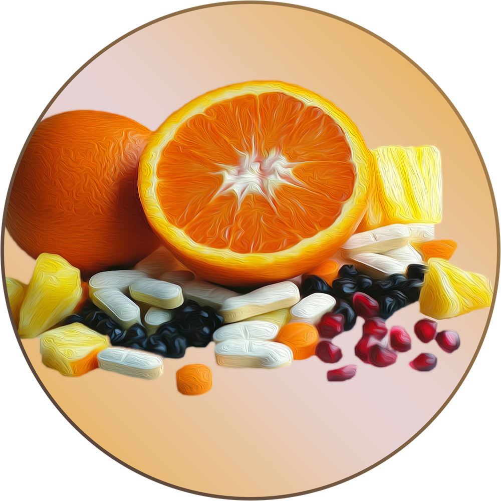 A sliced orange and slices of pineapple with vitamins and minerals scattered